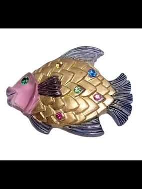Vintage Lucite Fish Brooch Multicolor Rhinestone Gold Tone Retro Kitsch Pin